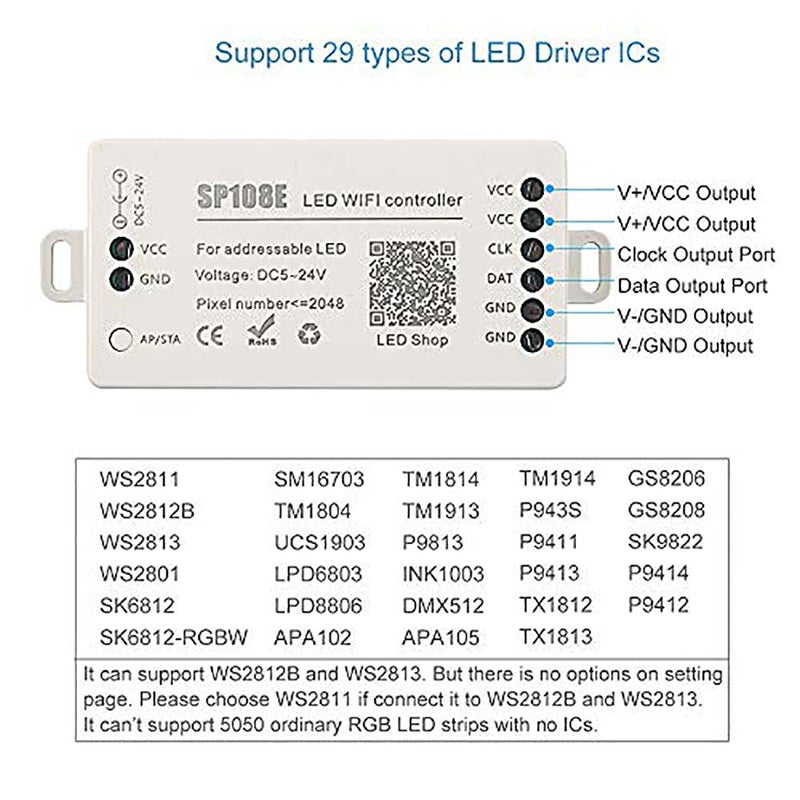 RGBZONE SP108E WiFi LED Controller, Smart APP Control, DC5V/12V/24V WS2812B WS2811 WS2815 WS2801 SK6812-RGBW WS2813 SK9822 etc Almost LED Strip Module Light - Image 3
